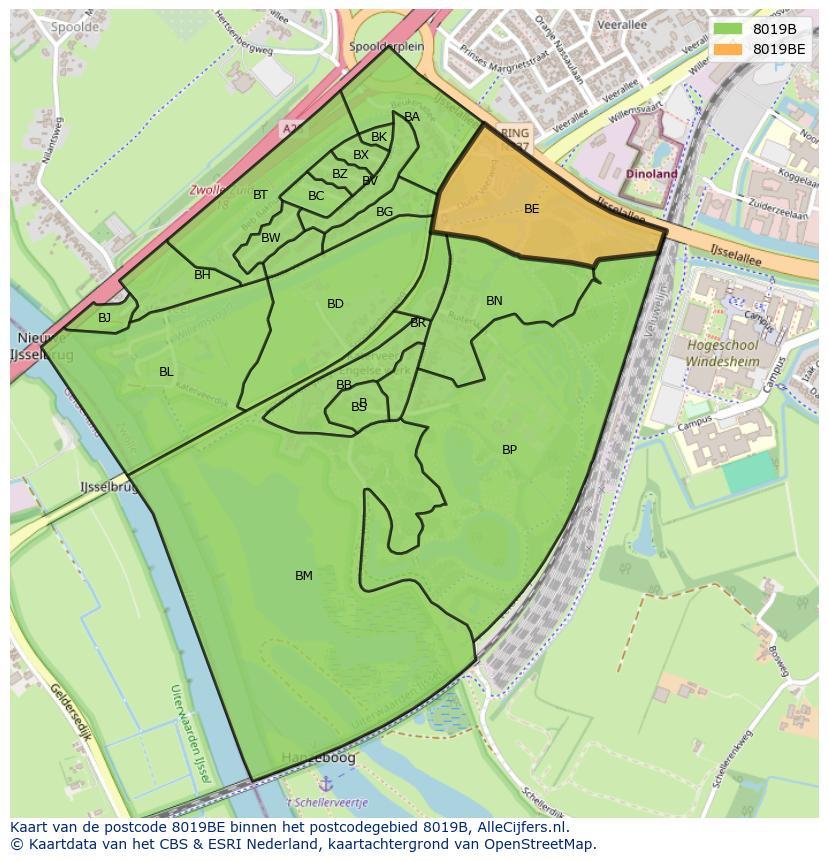 Afbeelding van het postcodegebied 8019 BE op de kaart.