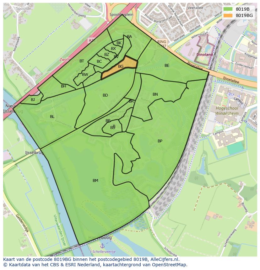Afbeelding van het postcodegebied 8019 BG op de kaart.