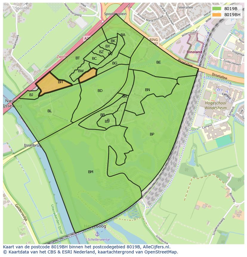 Afbeelding van het postcodegebied 8019 BH op de kaart.