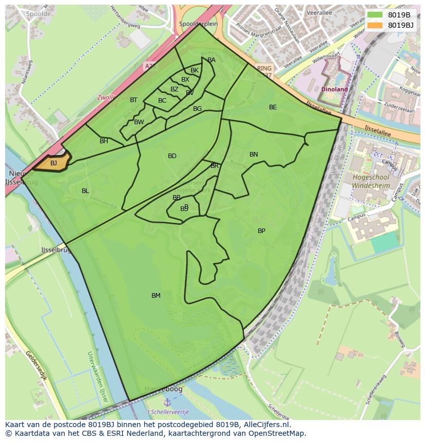 Afbeelding van het postcodegebied 8019 BJ op de kaart.