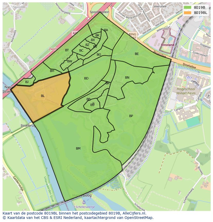 Afbeelding van het postcodegebied 8019 BL op de kaart.