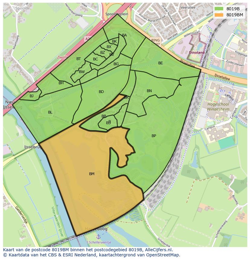 Afbeelding van het postcodegebied 8019 BM op de kaart.