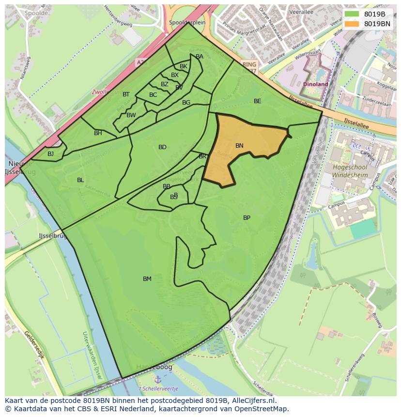 Afbeelding van het postcodegebied 8019 BN op de kaart.