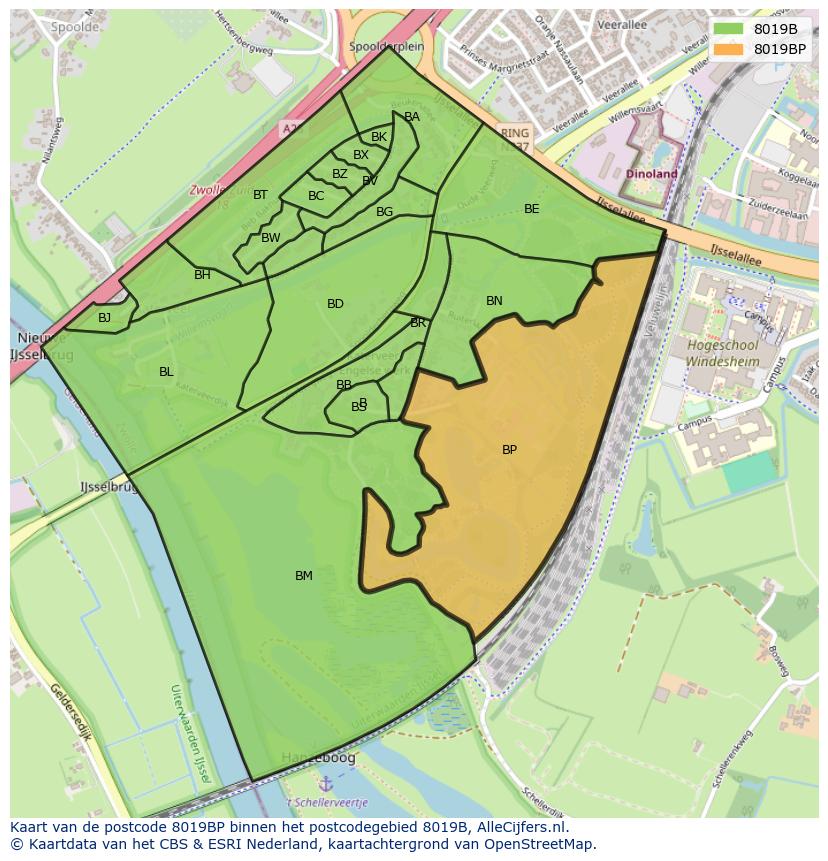 Afbeelding van het postcodegebied 8019 BP op de kaart.