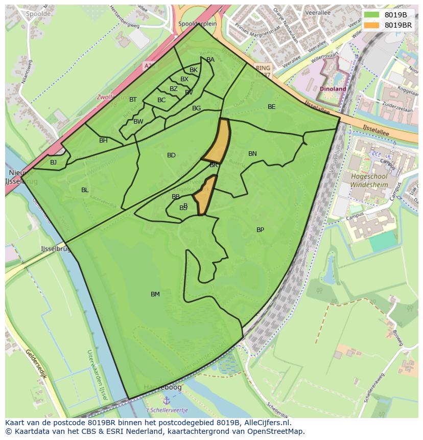 Afbeelding van het postcodegebied 8019 BR op de kaart.