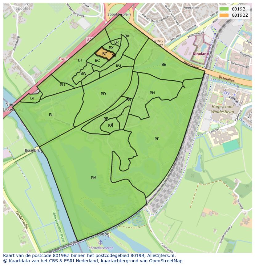 Afbeelding van het postcodegebied 8019 BZ op de kaart.
