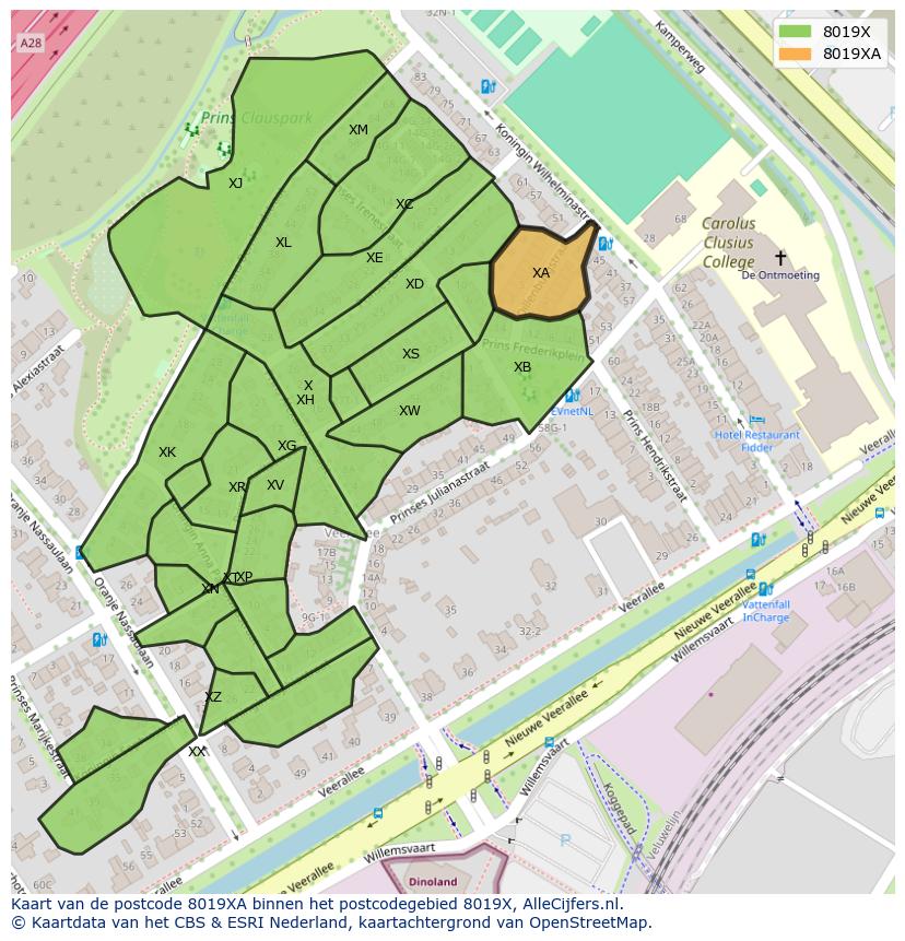 Afbeelding van het postcodegebied 8019 XA op de kaart.
