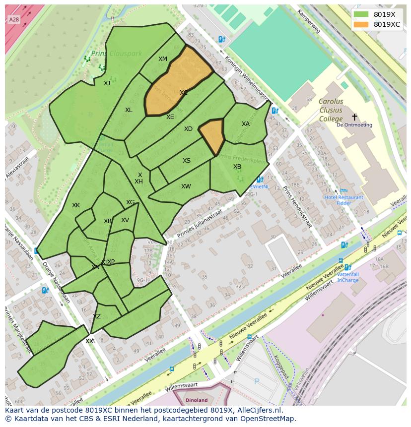 Afbeelding van het postcodegebied 8019 XC op de kaart.