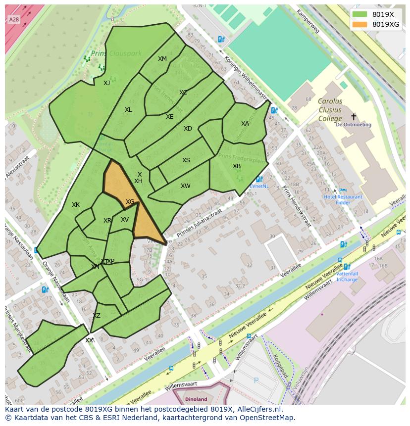 Afbeelding van het postcodegebied 8019 XG op de kaart.
