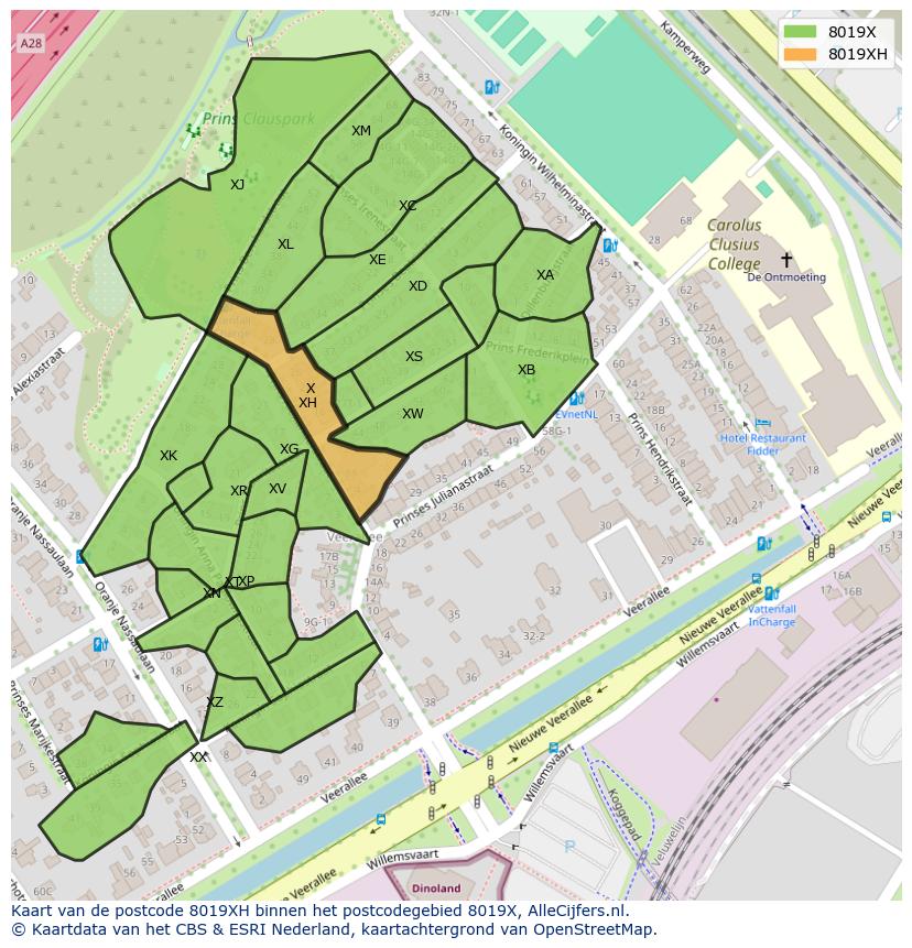 Afbeelding van het postcodegebied 8019 XH op de kaart.