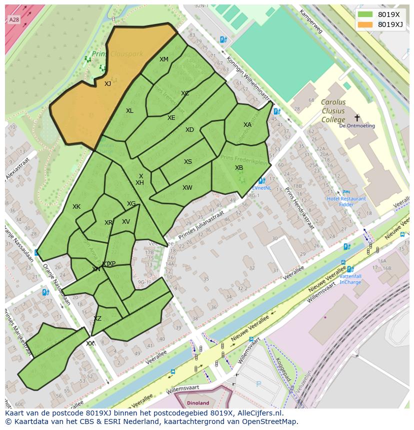Afbeelding van het postcodegebied 8019 XJ op de kaart.