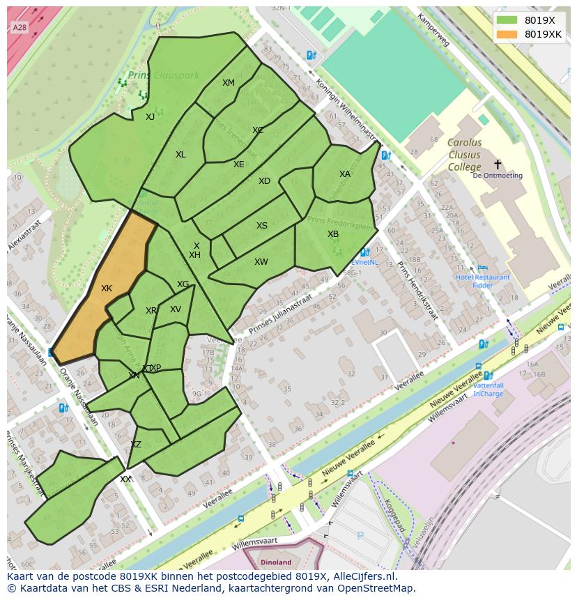 Afbeelding van het postcodegebied 8019 XK op de kaart.