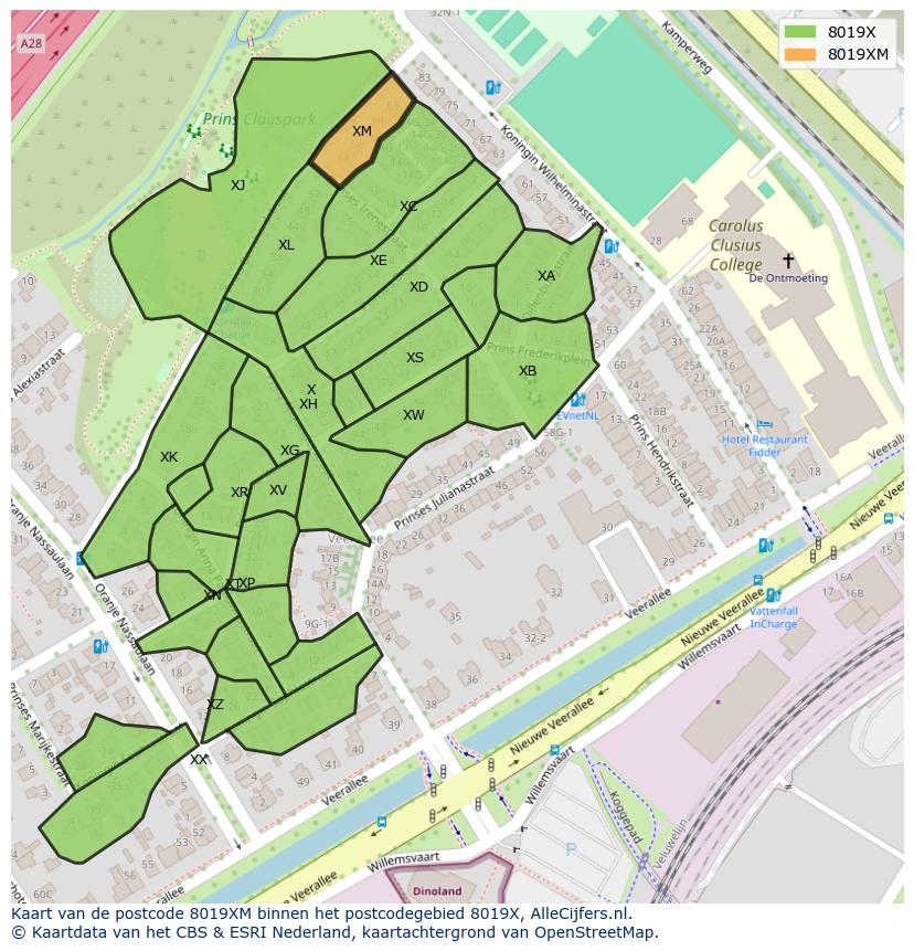 Afbeelding van het postcodegebied 8019 XM op de kaart.