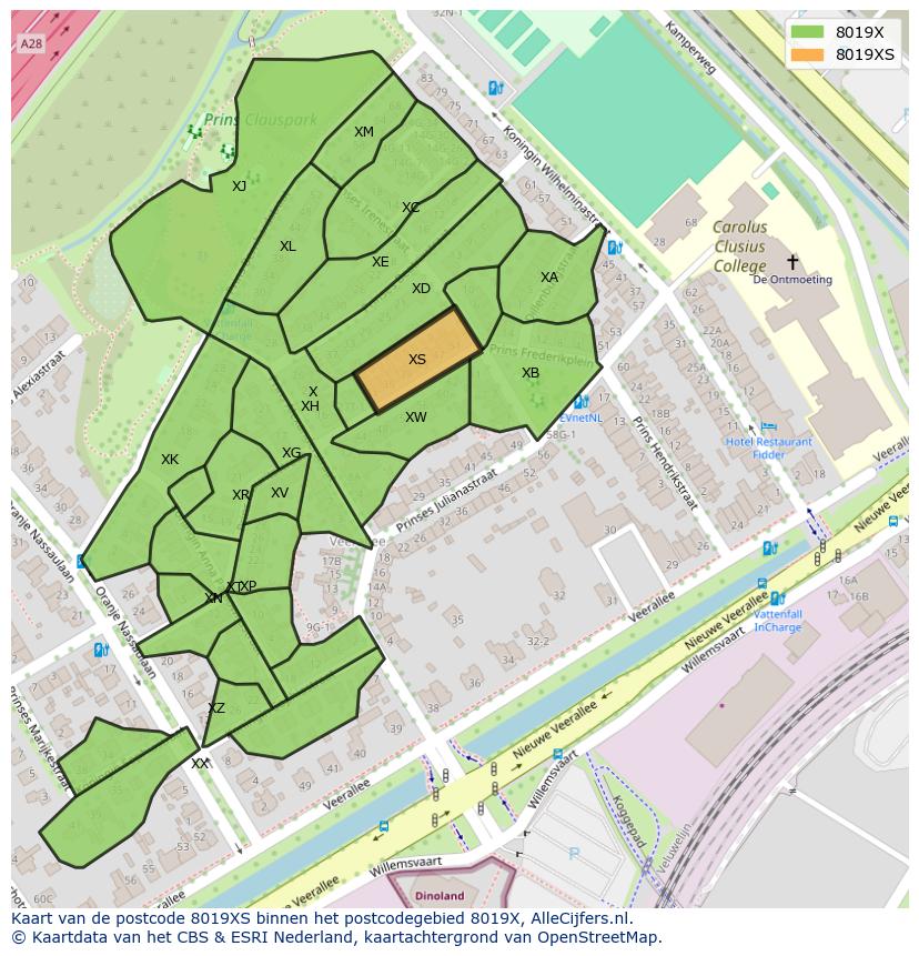 Afbeelding van het postcodegebied 8019 XS op de kaart.