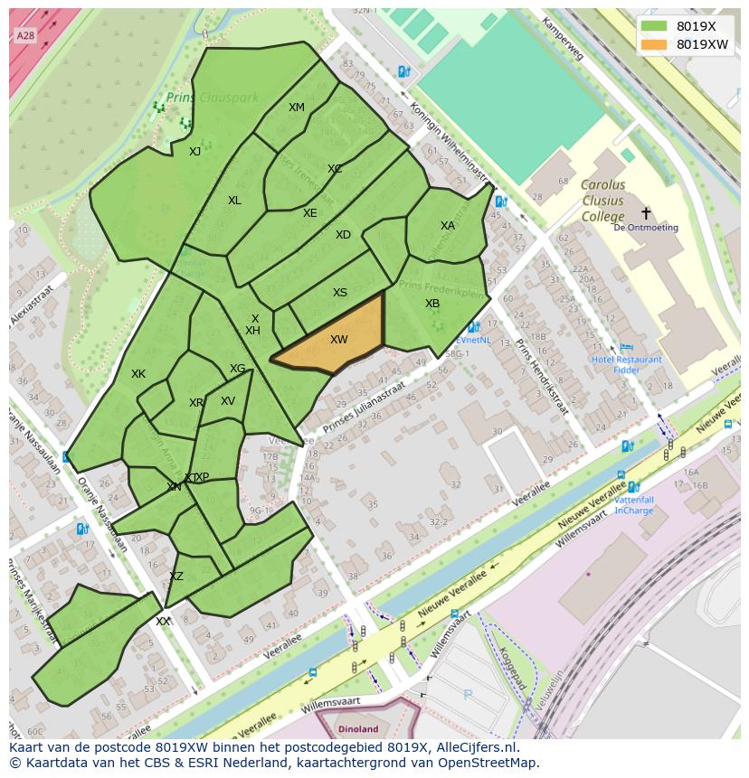 Afbeelding van het postcodegebied 8019 XW op de kaart.