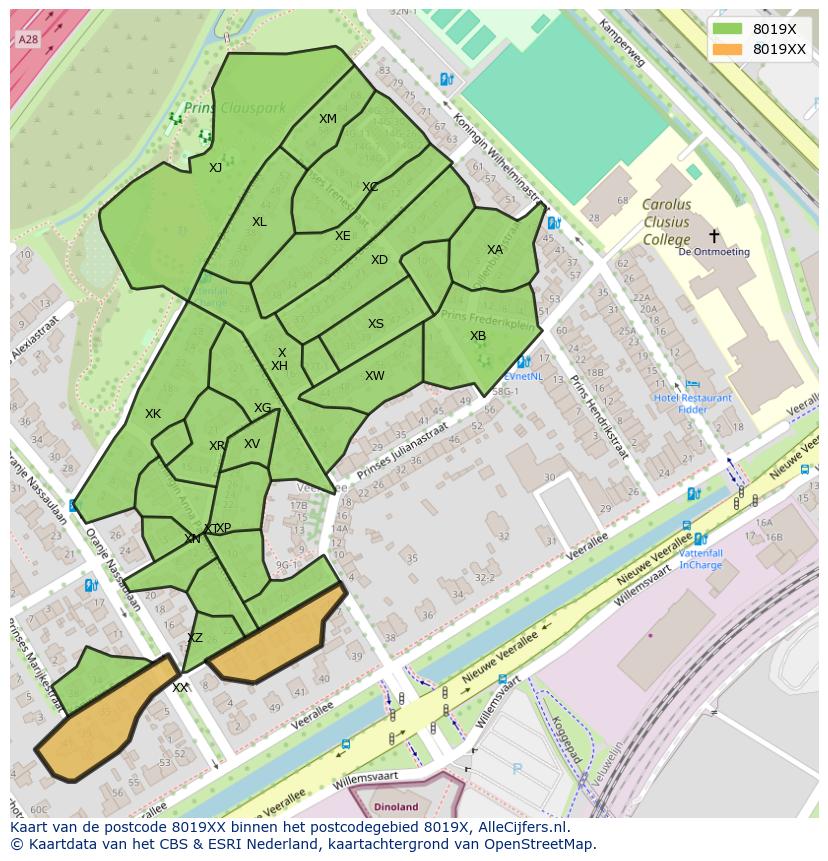 Afbeelding van het postcodegebied 8019 XX op de kaart.