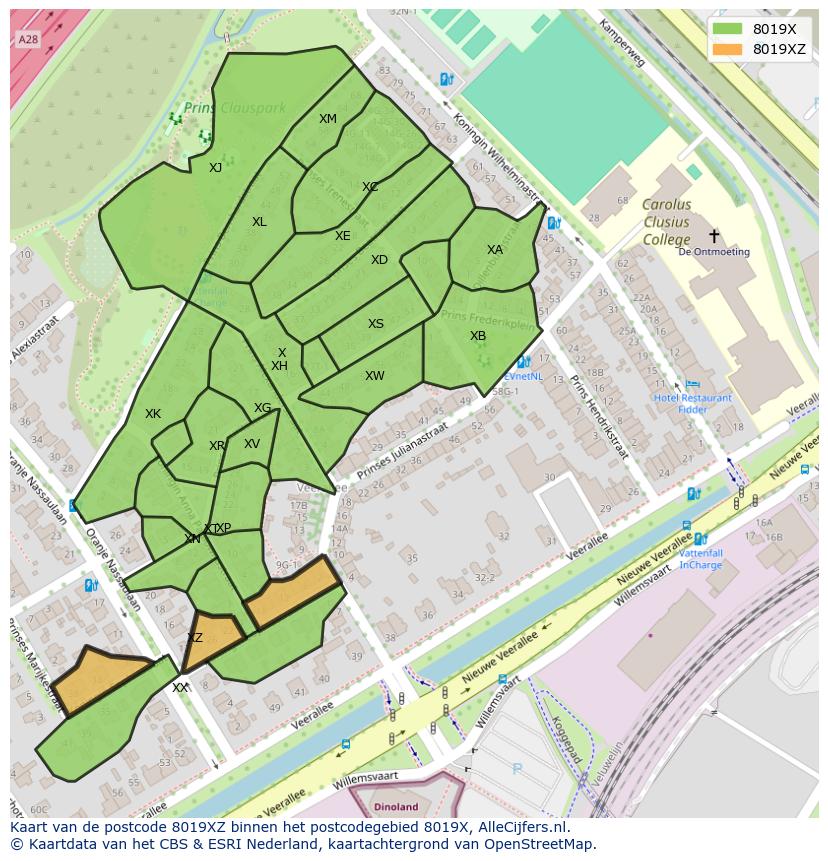 Afbeelding van het postcodegebied 8019 XZ op de kaart.