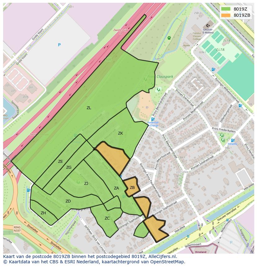 Afbeelding van het postcodegebied 8019 ZB op de kaart.
