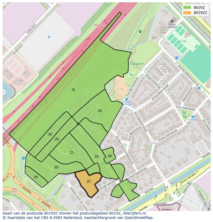 Afbeelding van het postcodegebied 8019 ZC op de kaart.