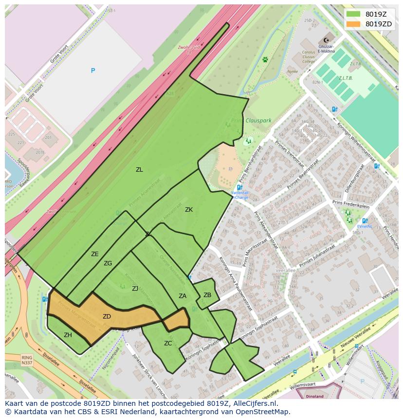 Afbeelding van het postcodegebied 8019 ZD op de kaart.