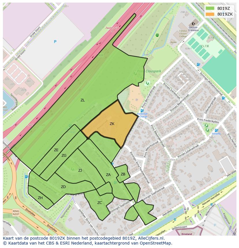 Afbeelding van het postcodegebied 8019 ZK op de kaart.