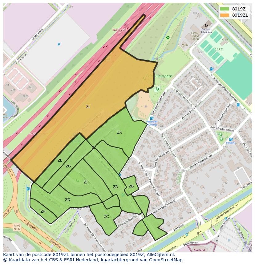 Afbeelding van het postcodegebied 8019 ZL op de kaart.