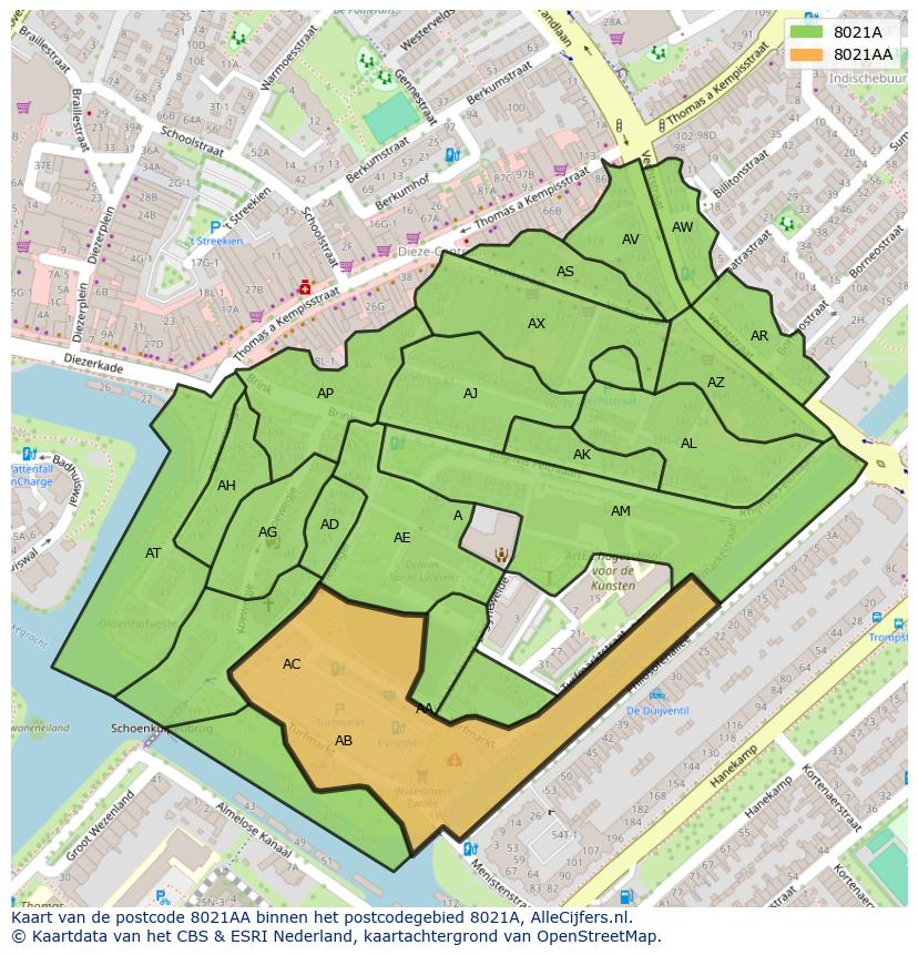Afbeelding van het postcodegebied 8021 AA op de kaart.