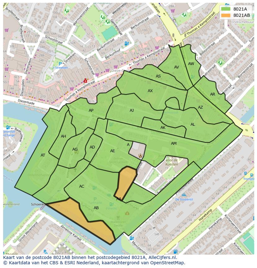 Afbeelding van het postcodegebied 8021 AB op de kaart.