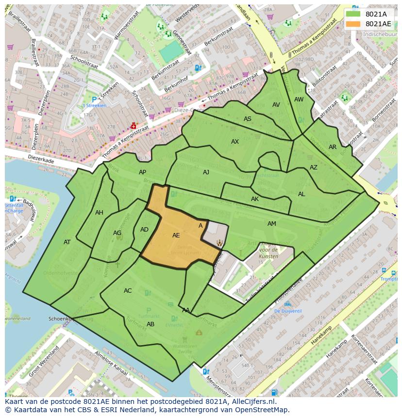 Afbeelding van het postcodegebied 8021 AE op de kaart.