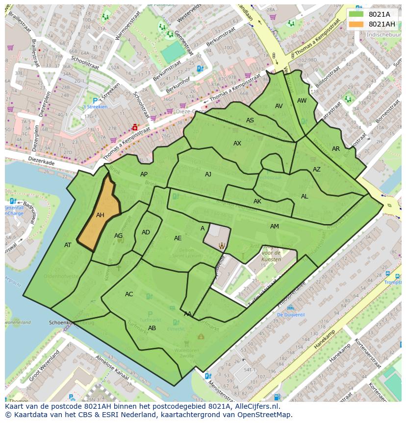 Afbeelding van het postcodegebied 8021 AH op de kaart.