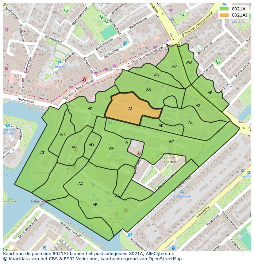 Afbeelding van het postcodegebied 8021 AJ op de kaart.