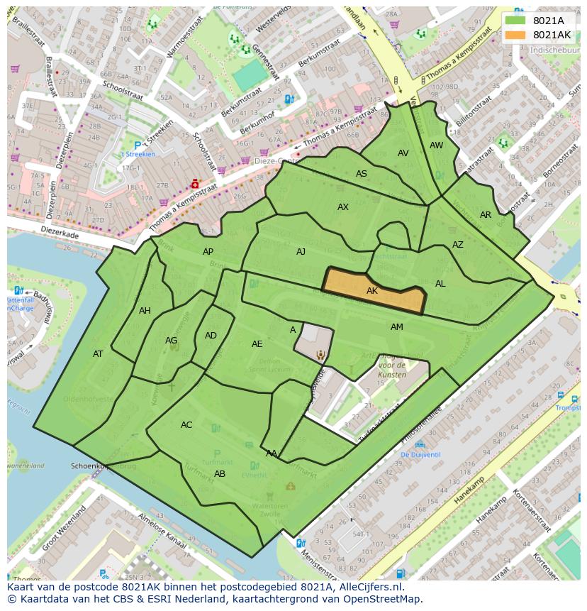 Afbeelding van het postcodegebied 8021 AK op de kaart.