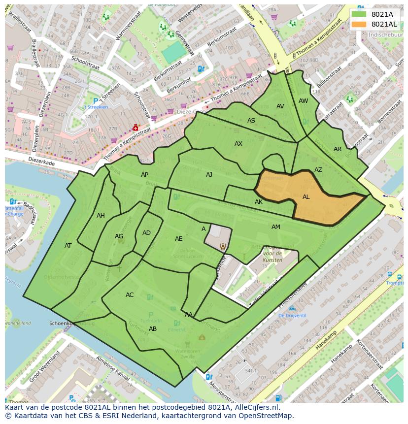 Afbeelding van het postcodegebied 8021 AL op de kaart.