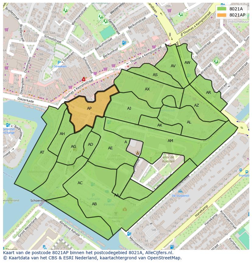 Afbeelding van het postcodegebied 8021 AP op de kaart.