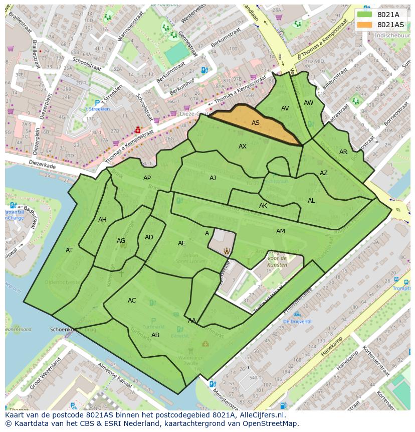 Afbeelding van het postcodegebied 8021 AS op de kaart.