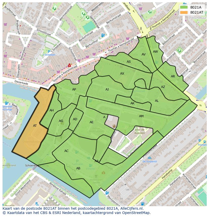 Afbeelding van het postcodegebied 8021 AT op de kaart.