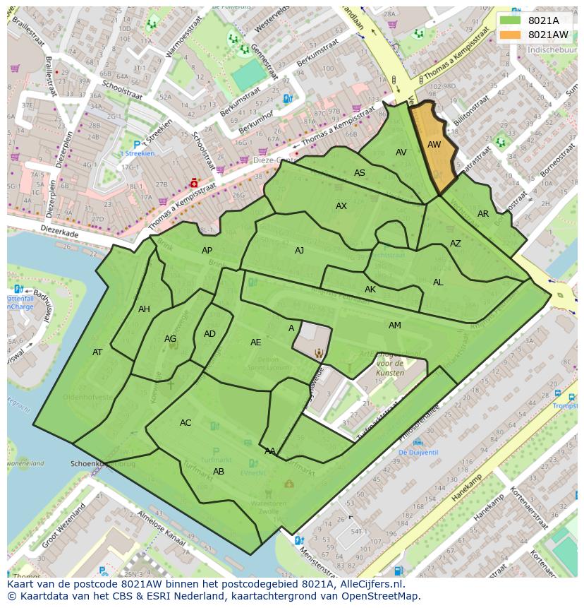 Afbeelding van het postcodegebied 8021 AW op de kaart.