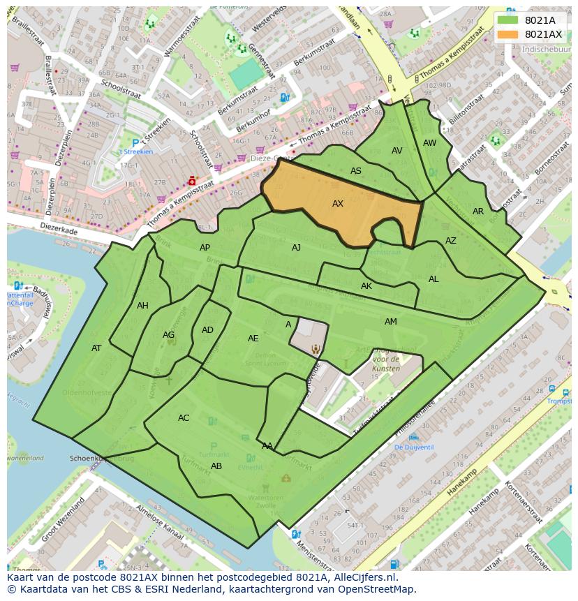 Afbeelding van het postcodegebied 8021 AX op de kaart.