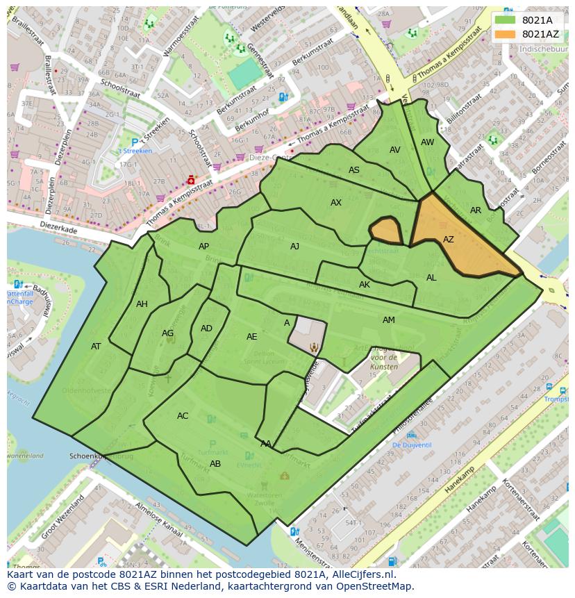 Afbeelding van het postcodegebied 8021 AZ op de kaart.