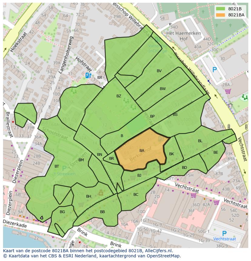 Afbeelding van het postcodegebied 8021 BA op de kaart.