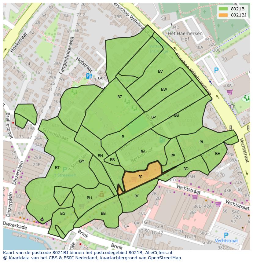 Afbeelding van het postcodegebied 8021 BJ op de kaart.