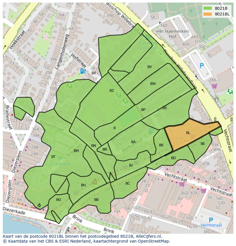 Afbeelding van het postcodegebied 8021 BL op de kaart.