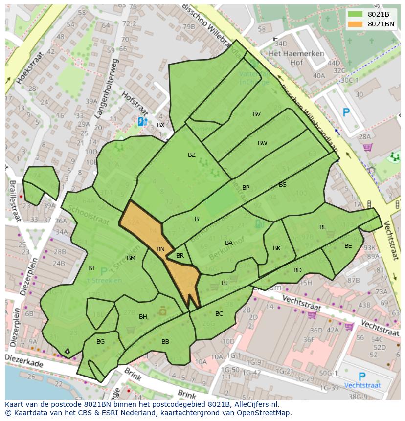 Afbeelding van het postcodegebied 8021 BN op de kaart.