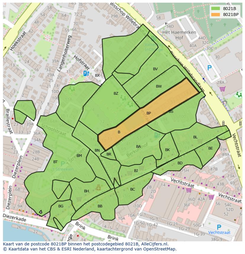 Afbeelding van het postcodegebied 8021 BP op de kaart.