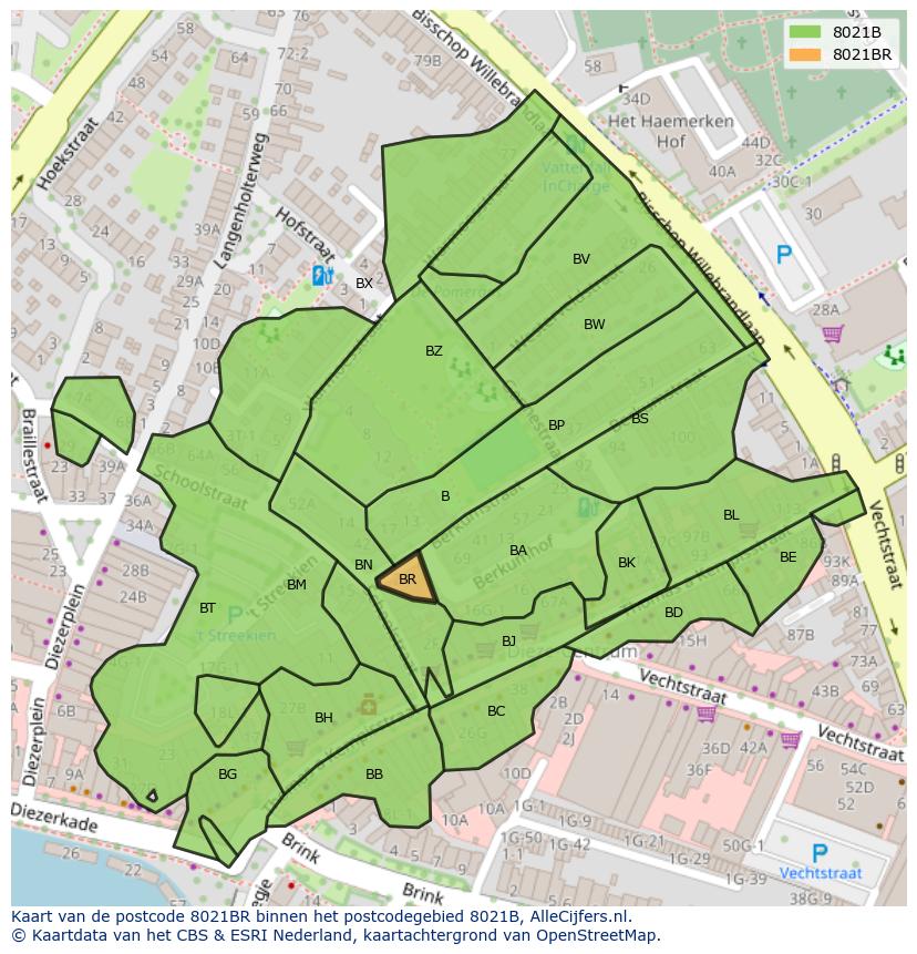 Afbeelding van het postcodegebied 8021 BR op de kaart.