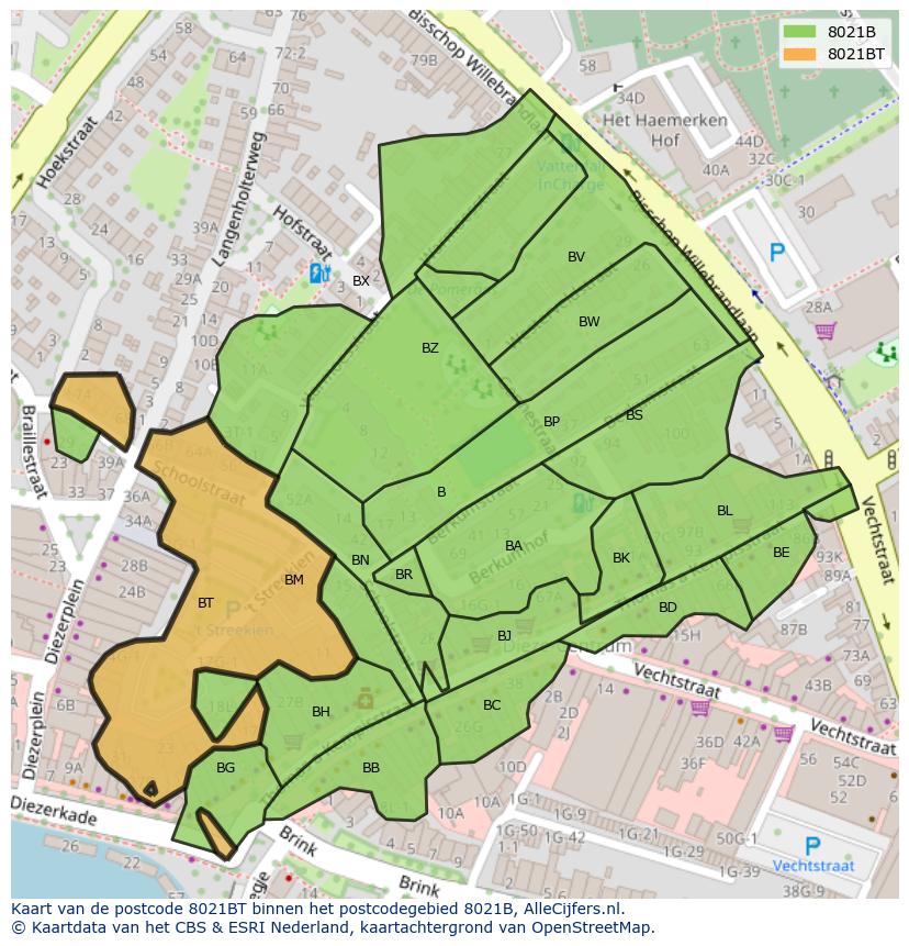 Afbeelding van het postcodegebied 8021 BT op de kaart.
