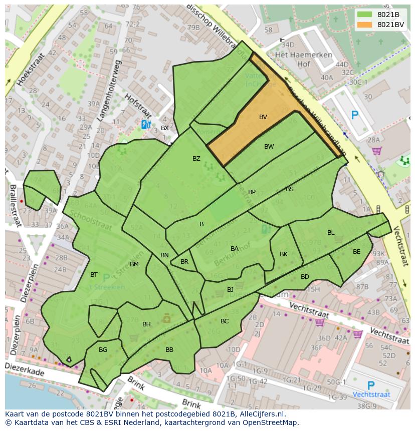 Afbeelding van het postcodegebied 8021 BV op de kaart.