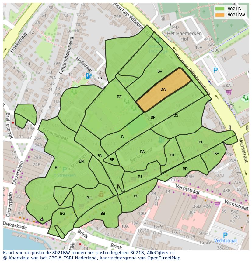Afbeelding van het postcodegebied 8021 BW op de kaart.