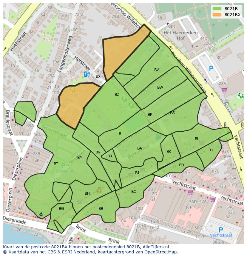 Afbeelding van het postcodegebied 8021 BX op de kaart.