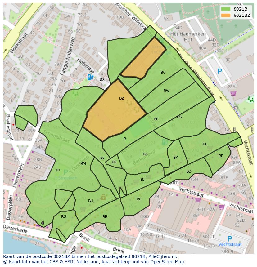 Afbeelding van het postcodegebied 8021 BZ op de kaart.